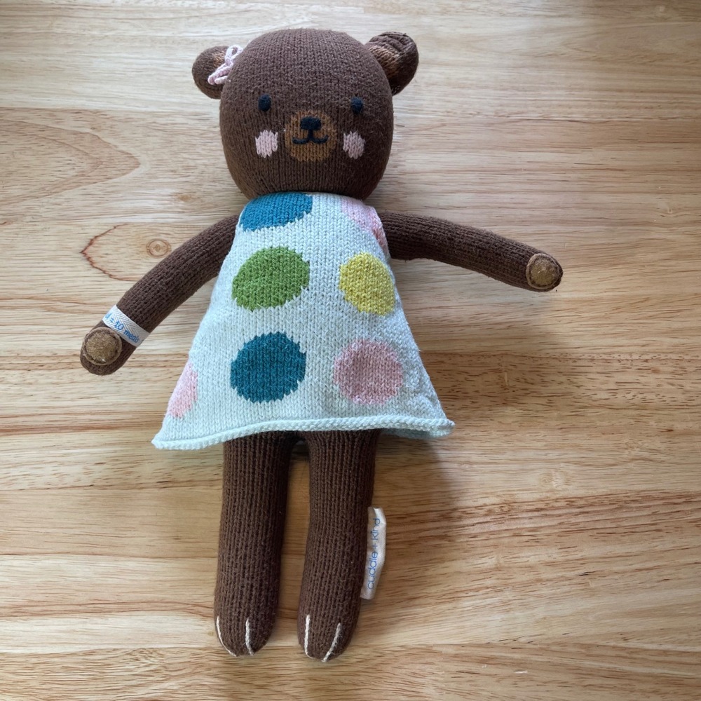 Cuddle + Kind Ivy the Bear Hand Knit Plush Doll Polka Dot Dress Peru
